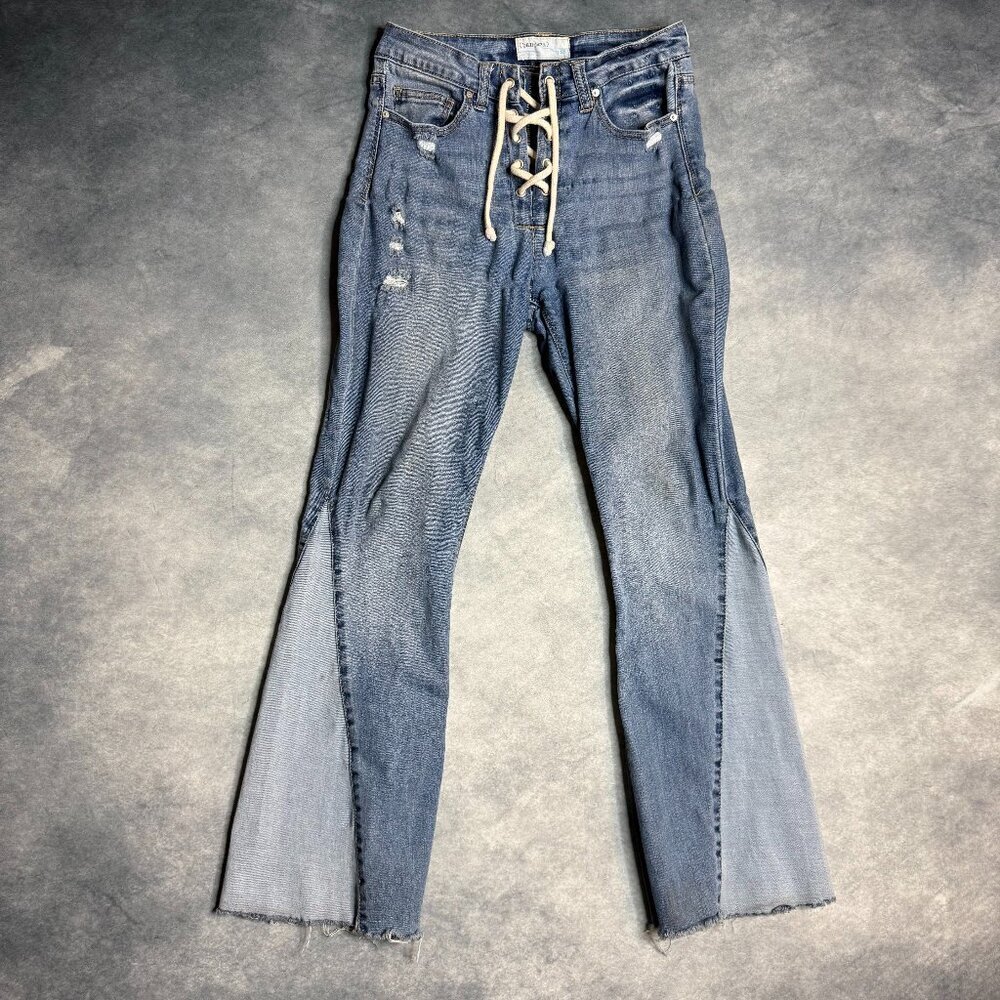 Banjara Boho Flare Bell Bottom Jeans Sz 5/26 Stretchy Fit Distressed Y2K